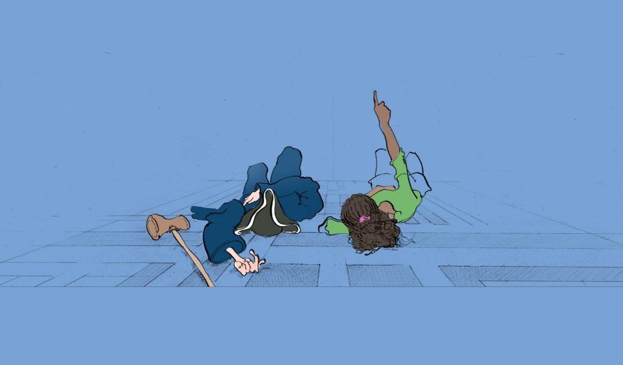 One of Nick Ellwood's illustration with blue background and a boy dressed as a pirate and lady pointing her finger to the sky are lying on the ground.