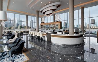 The Clipper Bar at the InterContinental London - The O2. With floor to ceiling windows that overlook the river Thames and Canary Wharf