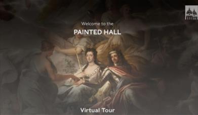 Image of part of the Painted Hall with 'Welcome to the PAINTED HALL Virtual Tour' text on top.