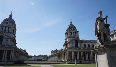The twin dome's of Christopher Wren's riverside masterpiece, the Old Royal Naval College, in Greenwich, London.