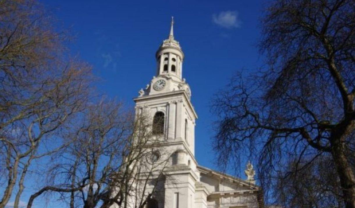 Looking up at St Alfege Church spire in Greenwich