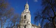 Looking up at St Alfege Church spire in Greenwich
