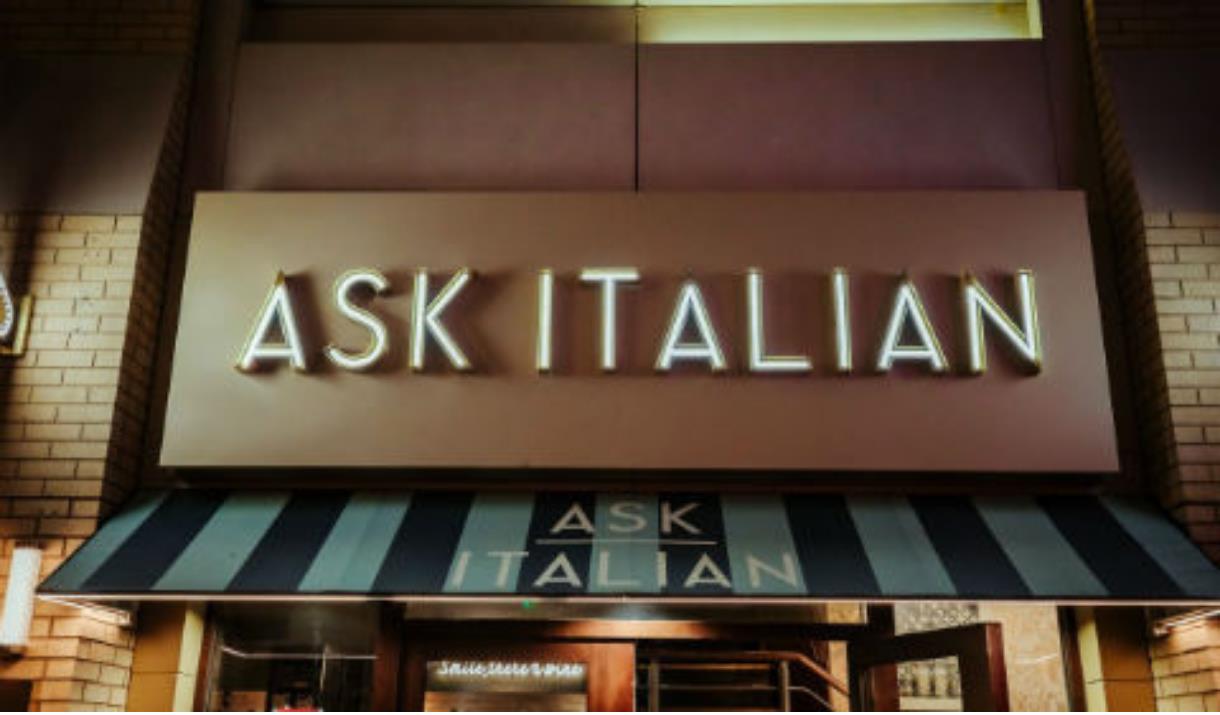Ask Italian entrance image with brown doors and striped two shade green awning with name written in white .