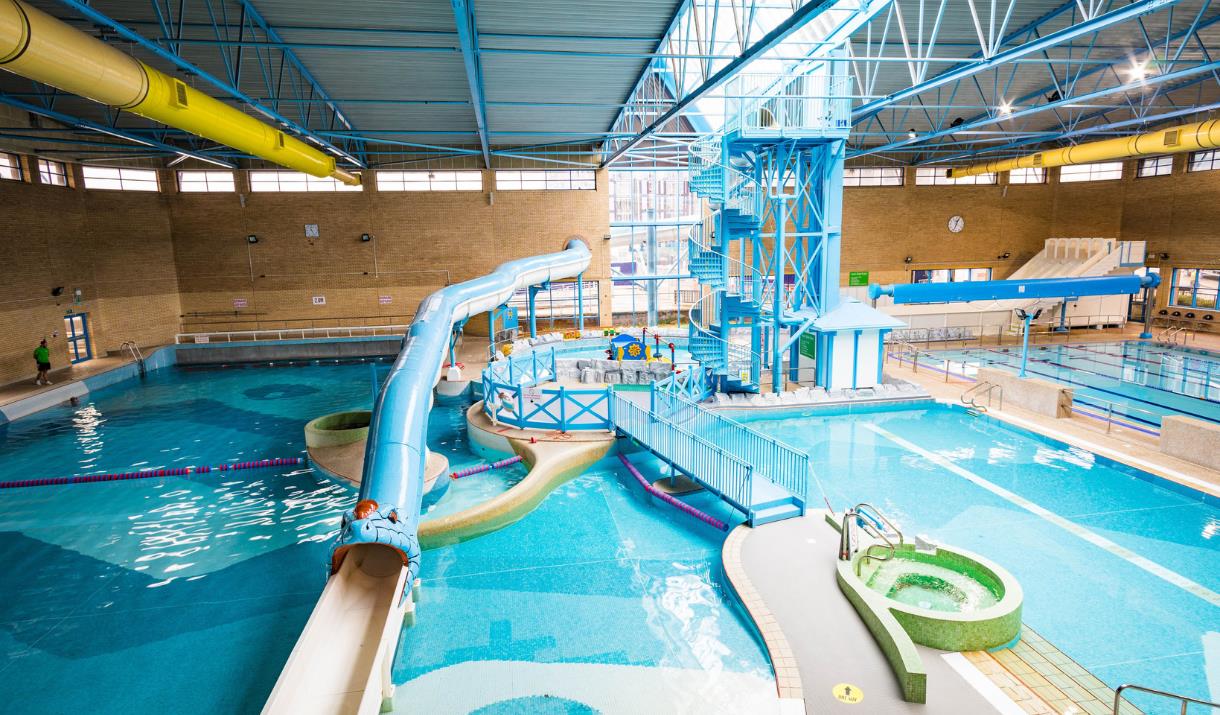 The pool area at the Waterfront Leisure Centre in Woolwich with 25 metre fitness pool, a range of slides and wave machine.